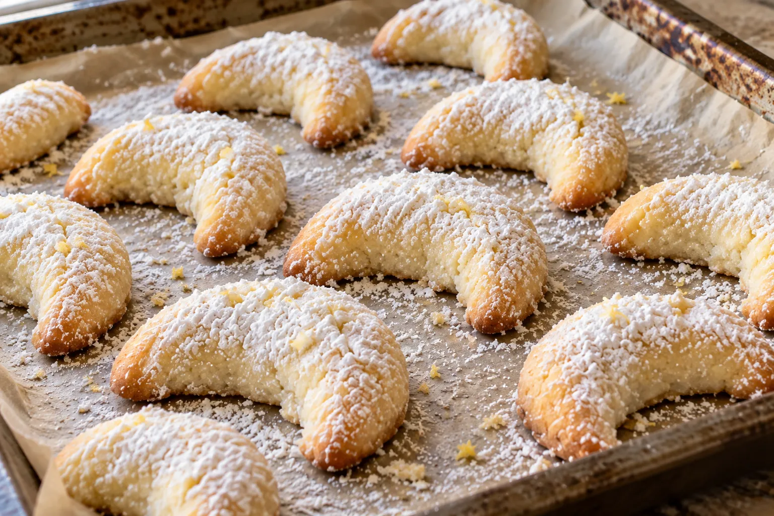 Almond lemon crescent cookies dusted with powdered sugar on a baking sheet