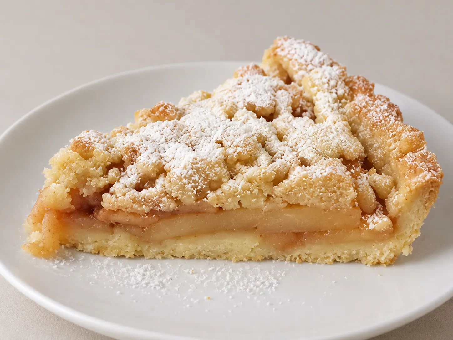 A slice of apple crumb cake dusted with powdered sugar