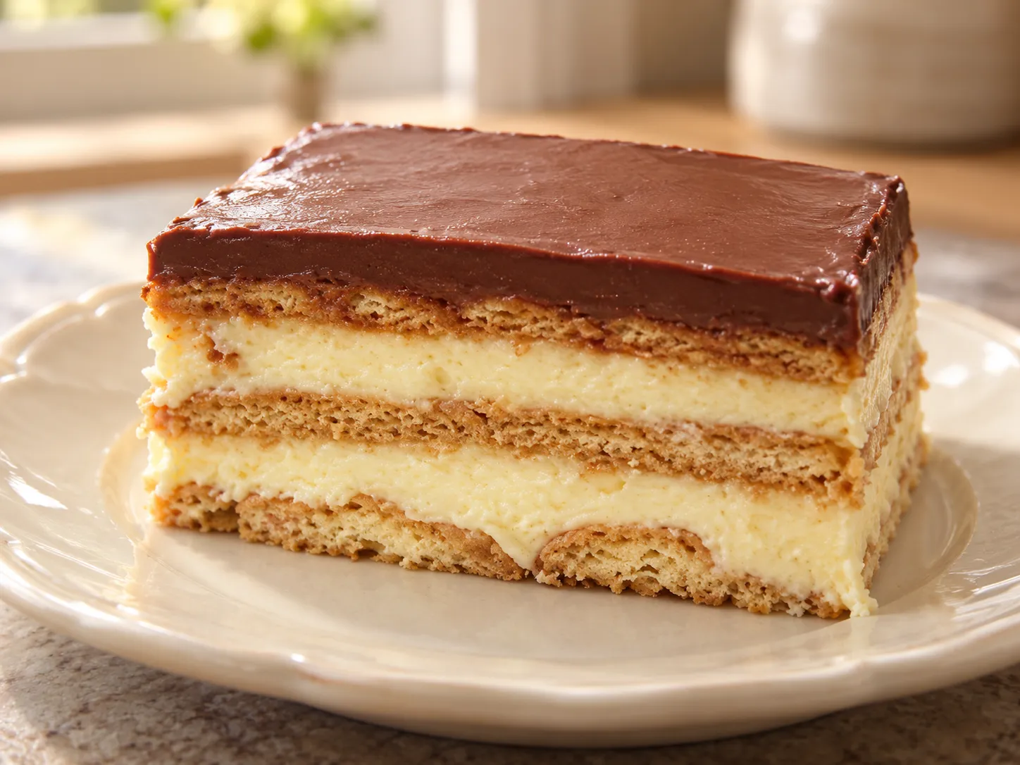A square of biscuit cake with vanilla cream layers and a chocolate topping